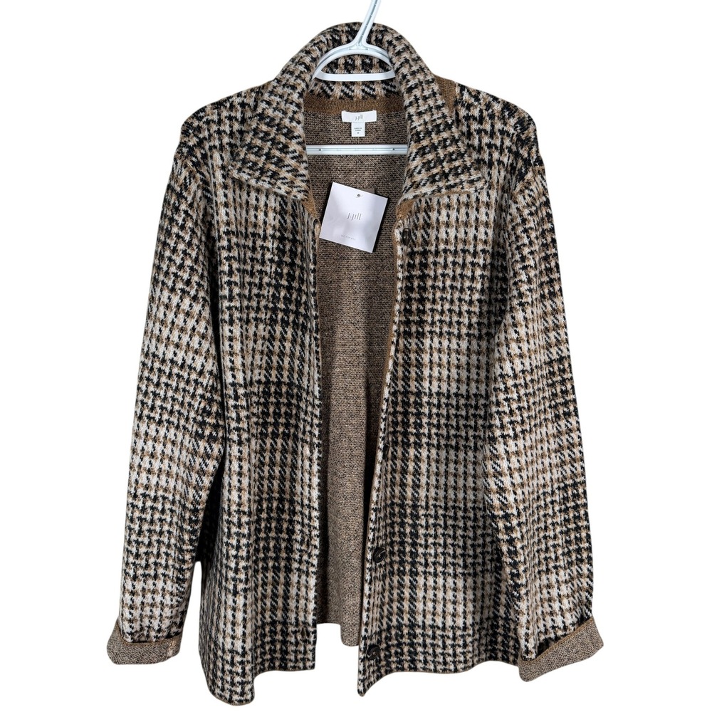 J.‎ Jill Houndstooth Cardigan Sweater Jacket Wool Blend Womens M Camel Brown
